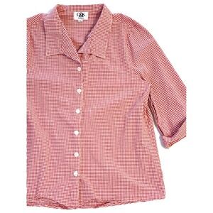 C&K Designs Red White Gingham Button Front Blouse 3/4 Sleeve XL *read*